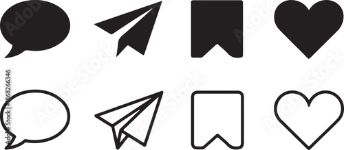 Social media icons set with chat bubble paper plane bookmark and heart symbols