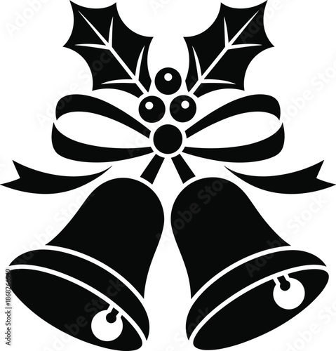 Christmas bells silhouette, holiday decoration icon with ribbon holly berries, festive winter celebration vector illustration isolated black white design background