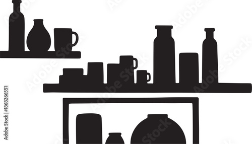 Black silhouettes of kitchenware on shelves and cabinet
