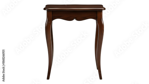 Elegant wooden console table with dark brown finish and curved legs, perfect for interior design and home decor, isolated on transparent background. on transparent background