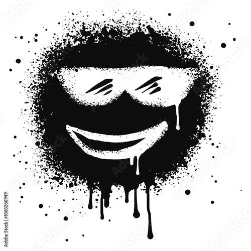 Smiling face emoticon character with sunglasses. Spray painted graffiti smile face in black over white. isolated on white background. vector illustration