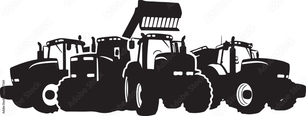 Obraz premium Black Silhouette of Tractors and Heavy Machinery Vehicles