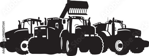 Black Silhouette of Tractors and Heavy Machinery Vehicles