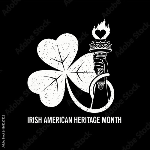 Irish American Heritage Month graphic with shamrock and torch with heart flame symbol