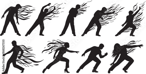 Silhouettes of people running and jumping in various poses