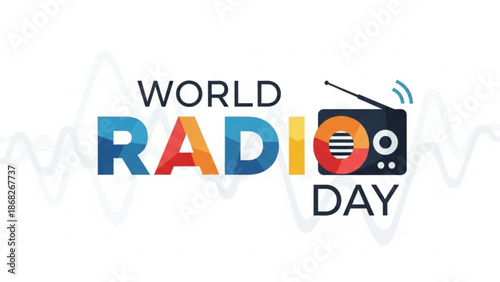 World Radio Day logo with vintage radio icon celebrating broadcast communication and media vector illustration on white background