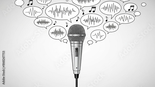 Microphone with sound waves and music notes in speech bubbles concept for audio music podcasting and communication isolated on white