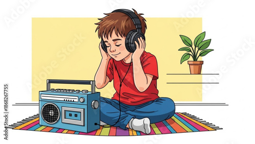 Young boy listening to music on a cassette player with headphones enjoying a peaceful moment at home illustration for lifestyle and leisure