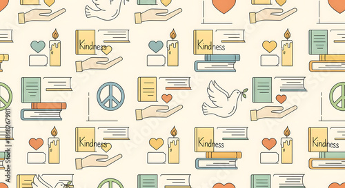 A seamless pattern of peace, kindness, and spiritual icons including doves, hearts, candles, and books.