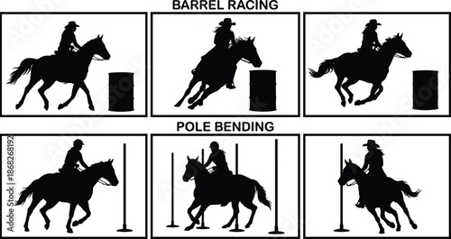 Barrel racing and pole bending horse silhouettes showing western rodeo speed agility competition isolated white background illustration sport action training
