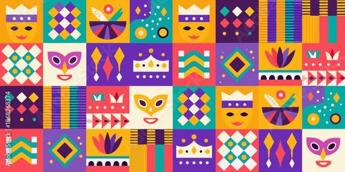 Colorful abstract pattern featuring geometric shapes and stylized mask designs
