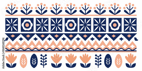 Repeating pattern of floral and geometric elements in blue orange and white