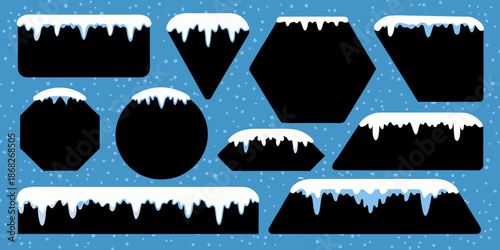 Stylized dark shapes covered in white resembling snowy platforms or landforms