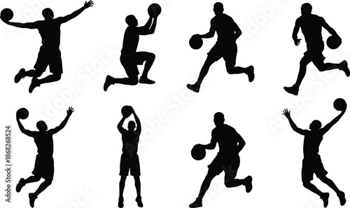 Basketball player silhouette action poses set, jumping shooting dribbling movements, dynamic sport energy, training competition, black white illustration collection
