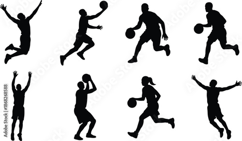 Basketball player silhouette action poses set, jumping shooting dribbling movements, dynamic sport energy, training competition, black white illustration collection vector