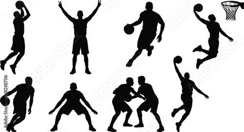 Basketball player silhouettes in action poses, dribbling shooting dunking defense, sport movement collection, athletic competition illustration isolated background