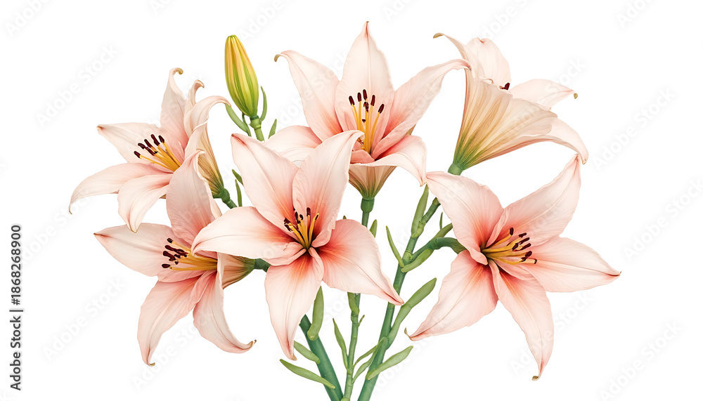 Fototapeta premium Pink Lily Bouquet Cluster with Green Stems