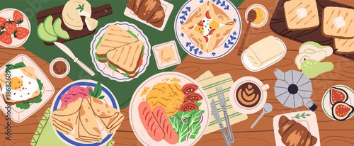 Breakfast food on table, top view. Morning meal with coffee, eggs, toasts and sandwiches, croissant, butter and honey, fruits, sausages. Many dishes, omelette, crepes. Flat vector illustration