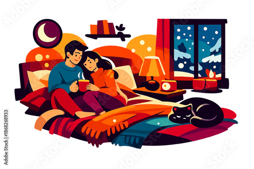 Cozy Winter Retreat. Warm Light Winter Room. Bedside lamp glowing softly, blankets layered in textures, snow