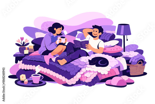 Cozy Winter Textiles. Soft Textiles Winter Bedroom. Thick knit blankets, pillows stacked high, muted winter