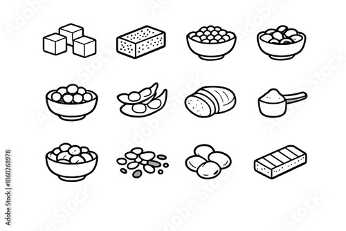 Vegan Protein Icons. Vegan Proteins. Line outline icon set of vegan proteins: tofu cubes, tempeh block,