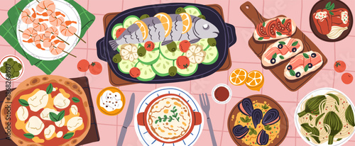 Mediterranean food served on table. Traditional Italian and Spanish dishes, meal with fish, shrimp snack, pasta, pizza, bruschetta, olives and lemon, top above view. Flat vector illustration