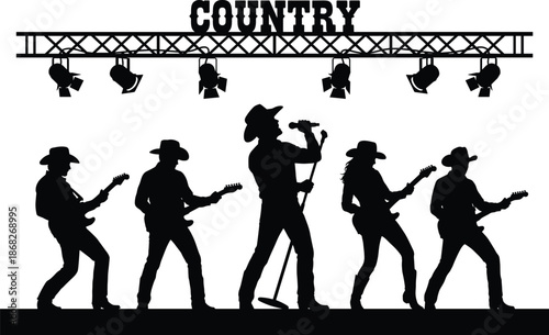 Country music band silhouettes performing live concert with guitars and singer on stage isolated white background illustration entertainment concept