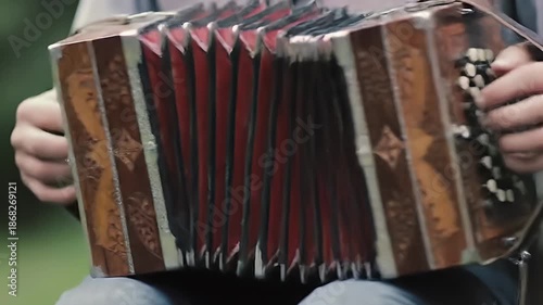 Captivating close-up of an ornate bandoneon being played, showcasing intricate details