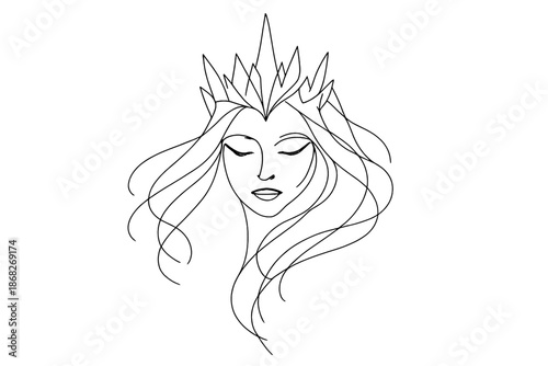 Ethereal Ice Queen. Ethereal ice queen fantasy portrait. Minimalistic one-line drawing ethereal ice queen face