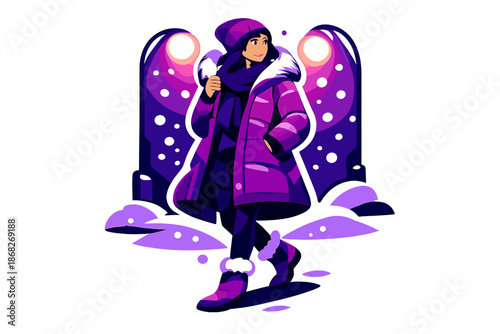 Urban Winter Night. Night City Winter Outfit. A model under streetlights, winter coat catching warm light