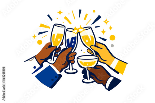 New Year Cheers. New Year Toast Moment. Hands raising glasses together, light reflections sparkling at the rim