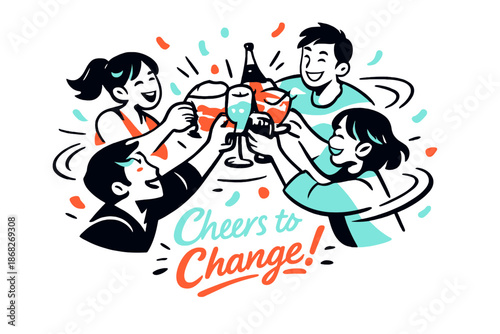 Dynamic Toast Celebration. Cheers to Change. Friends clinking glasses in a loose circle, motion lines showing