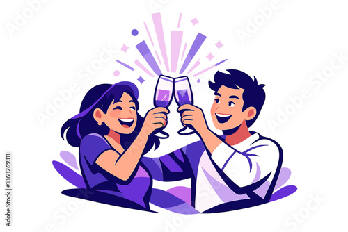 Celebratory Optimistic Toast. Optimistic Toast. A couple smiling as they raise glasses, light spilling upward