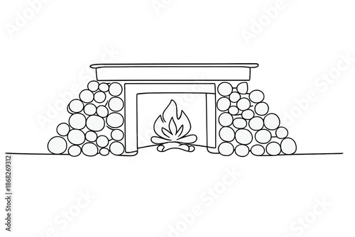 Minimalist Fireplace Design. Warm interior fireplace with logs. Minimalistic one-line drawing inviting
