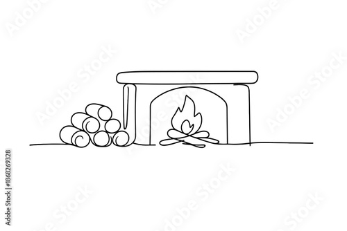 Minimalist Hearth Illustration. Cozy hearth with wood logs. Minimalistic one-line drawing warm hearth setting