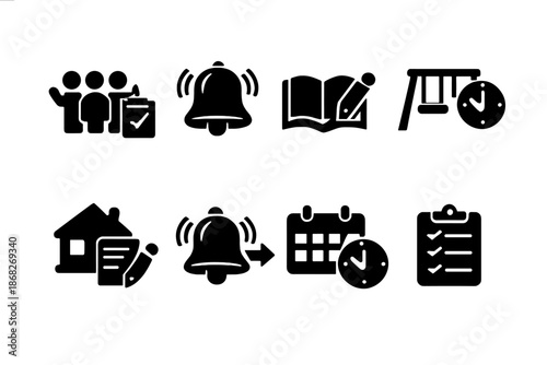 Classroom Routine Icons. Classroom Routine. Filled icon set of Classroom Routine: morning attendance, lesson