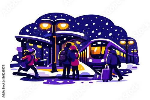 Cozy Winter Station. Evening Train Station Snow. Platform lights glowing warmly as snow falls against a dark