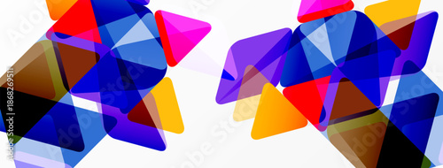 Abstract composition featuring overlapping translucent triangles. Vibrant colors create dynamic visual texture. Modern design elements present layered geometry.