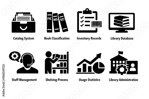 Library Management Icons. Library Management. Filled icon set of Library Management: catalog system, book