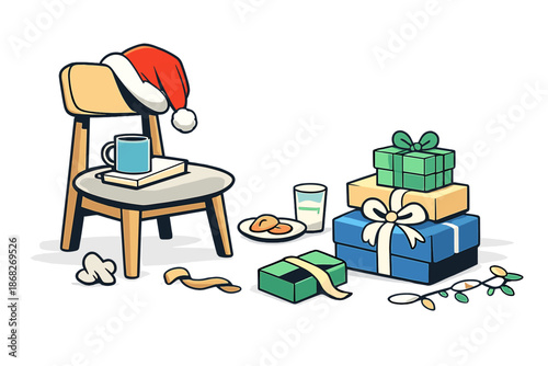 Post-Christmas Serenity. After Christmas Moment. A Santa hat hanging on the back of a chair, room calm and