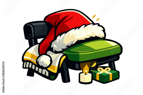 Cozy Christmas Corner. Cozy Christmas Interior Detail. A Santa hat slouched over a chair seat, fluffy trim