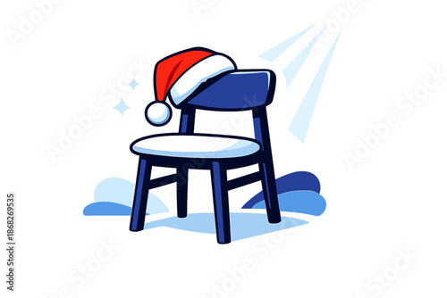 Festive Santa Chair. Christmas Morning Chair. A Santa hat waiting on a chair, ready to be worn again. Fresh,