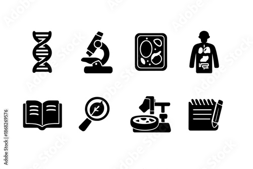 Biology Icons Set. Biology Education. Filled icon set of Biology Education: DNA helix, microscope biology,