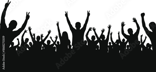 Crowd silhouette celebration with raised hands cheering people unity energy festival audience concept isolated on white background illustration community support
