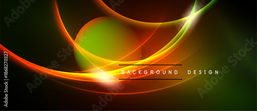 Abstract vibrant lines, curves create dynamic flow. Colors blend, forming luminous background design. Dark space surrounds bright shapes.