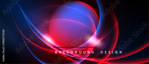 Abstract neon swirls, vibrant red, blue hues dominate dark background. Modern design element, dynamic energy radiates.