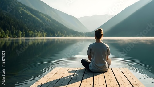 Woman Meditating on Wooden Dock Overlooking Serene Mountain Lake.