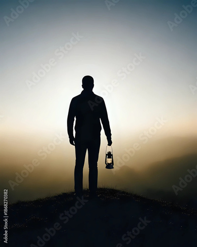 Silhouetted figure holding a vintage lantern on a mountain peak at dawn, symbolizing exploration and guidance.