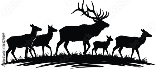 Deer herd silhouettes with majestic stag, wildlife family walking on hill, nature scene, forest animal illustration isolated background vector design