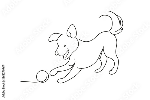 Playful Dog Snowball. Playful dog with snowball. Minimalistic one-line drawing playful dog batting a snowball
